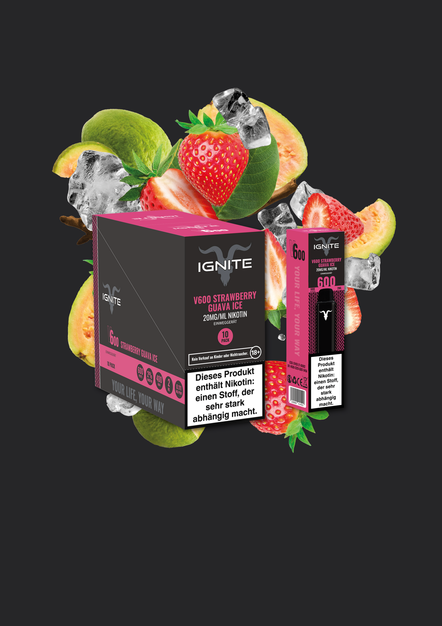 10er Pack Ignite V600 Vape Pen - Strawberry Ice