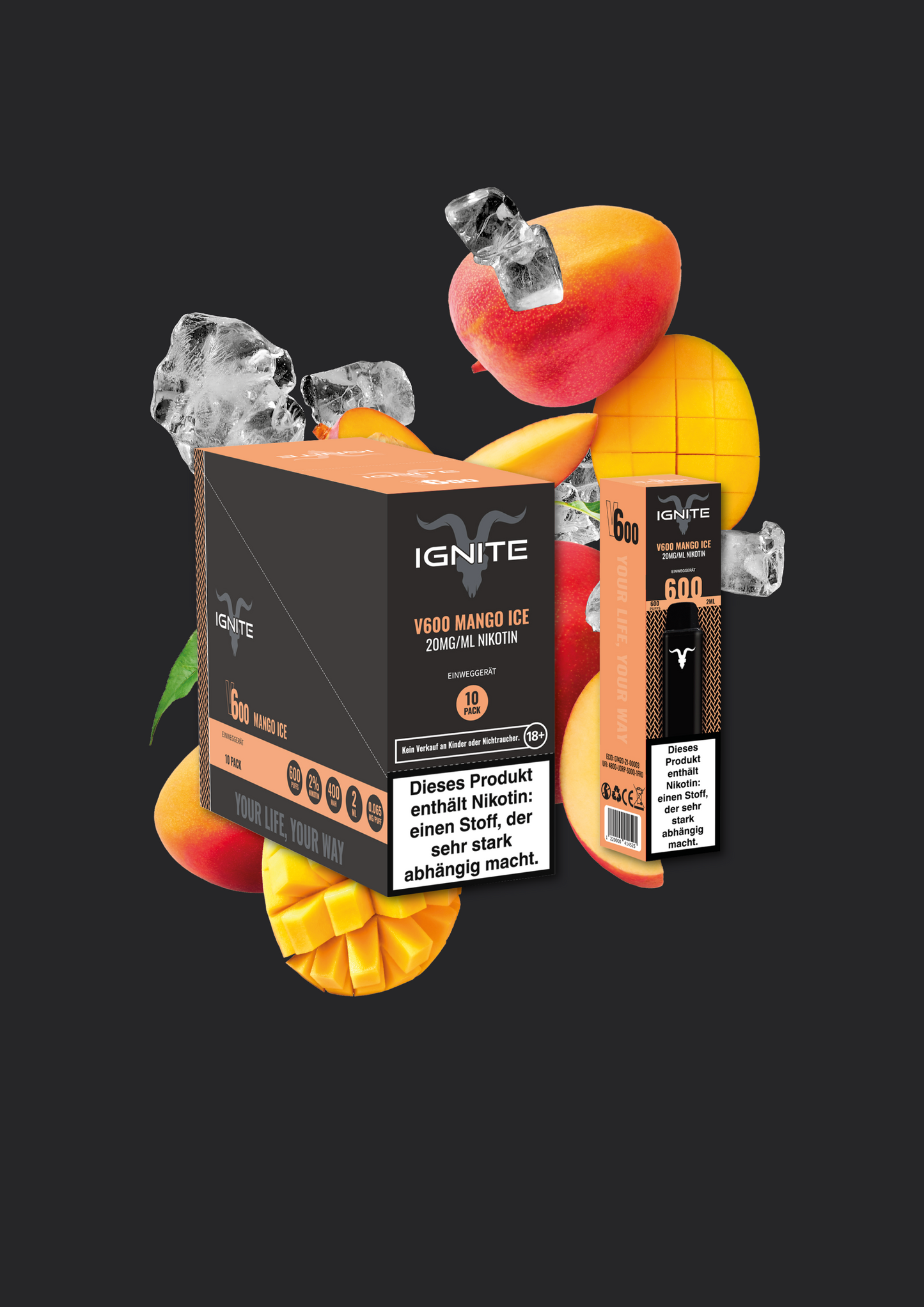 10er Pack Ignite V600 Vape Pen - Mango Ice